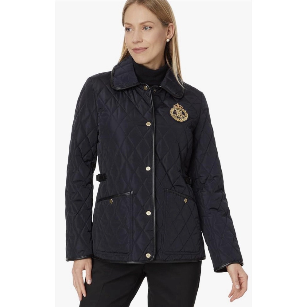 LAUREN Ralph Lauren Faux-Leather-Trim Crest-Patch Jacket Barn Equestrian Quilted